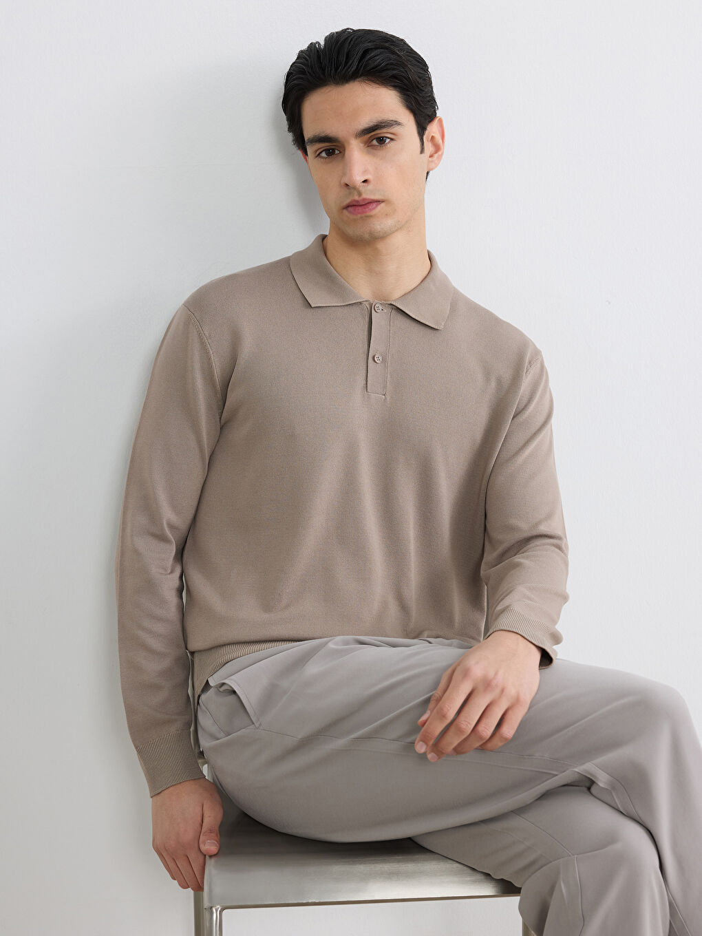 Kahverengi Polo Yaka Triko Erkek Kazak