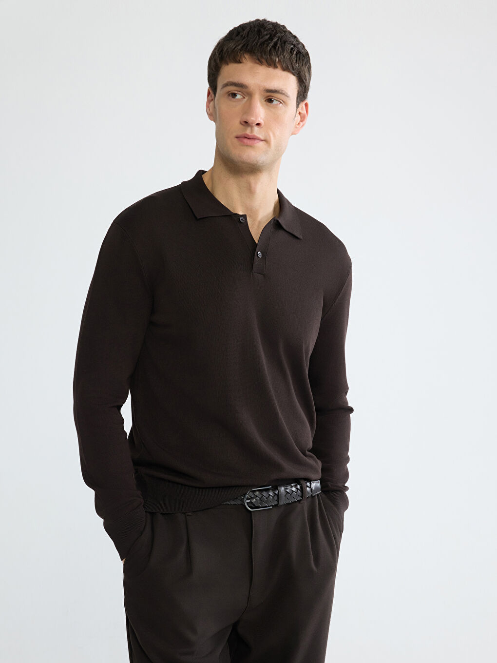 Kahverengi Polo Yaka Triko Erkek Kazak