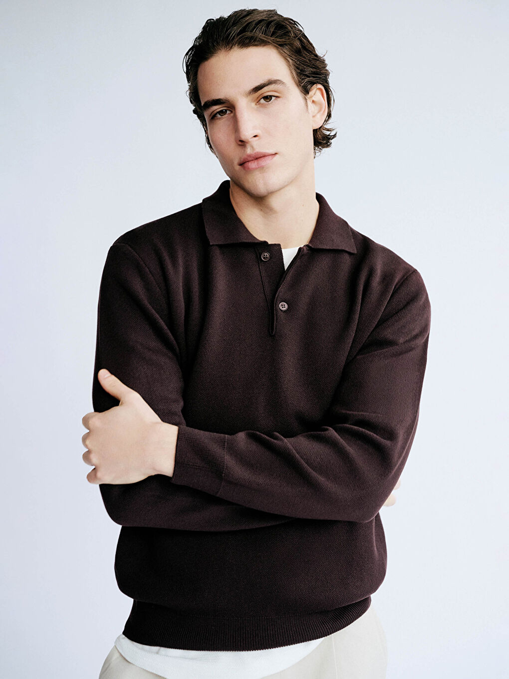 Kahverengi Polo Yaka Triko Erkek Kazak