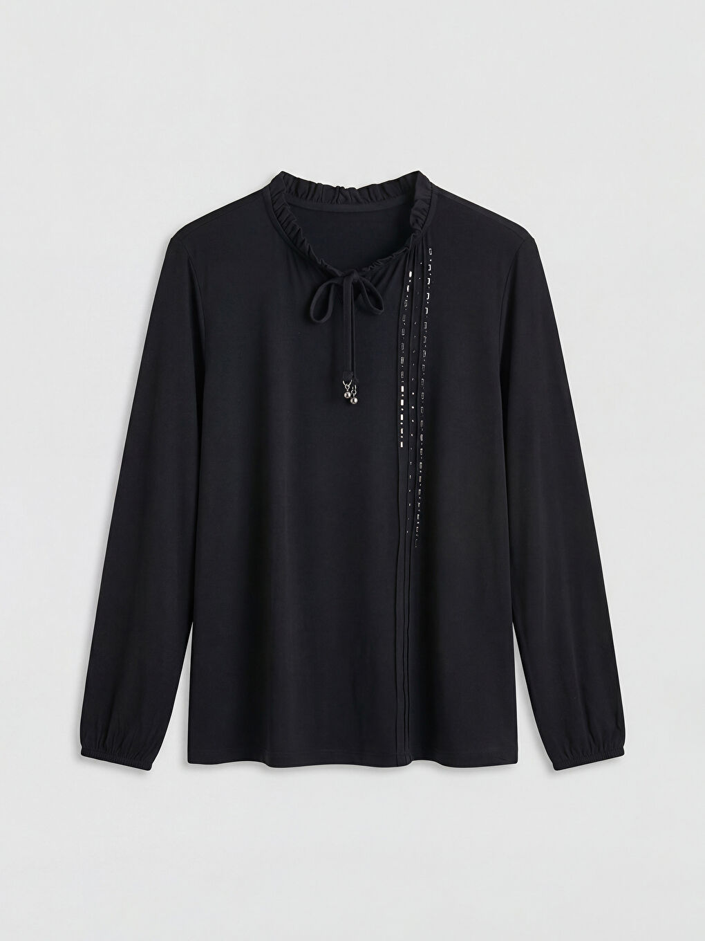 Siyah Fırfırlı Bağlamalı Yaka Taşlı Bluz