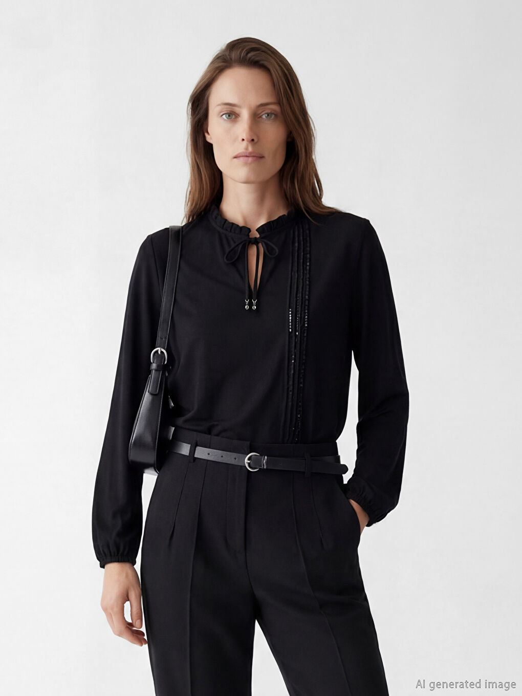 Siyah Fırfırlı Bağlamalı Yaka Taşlı Bluz