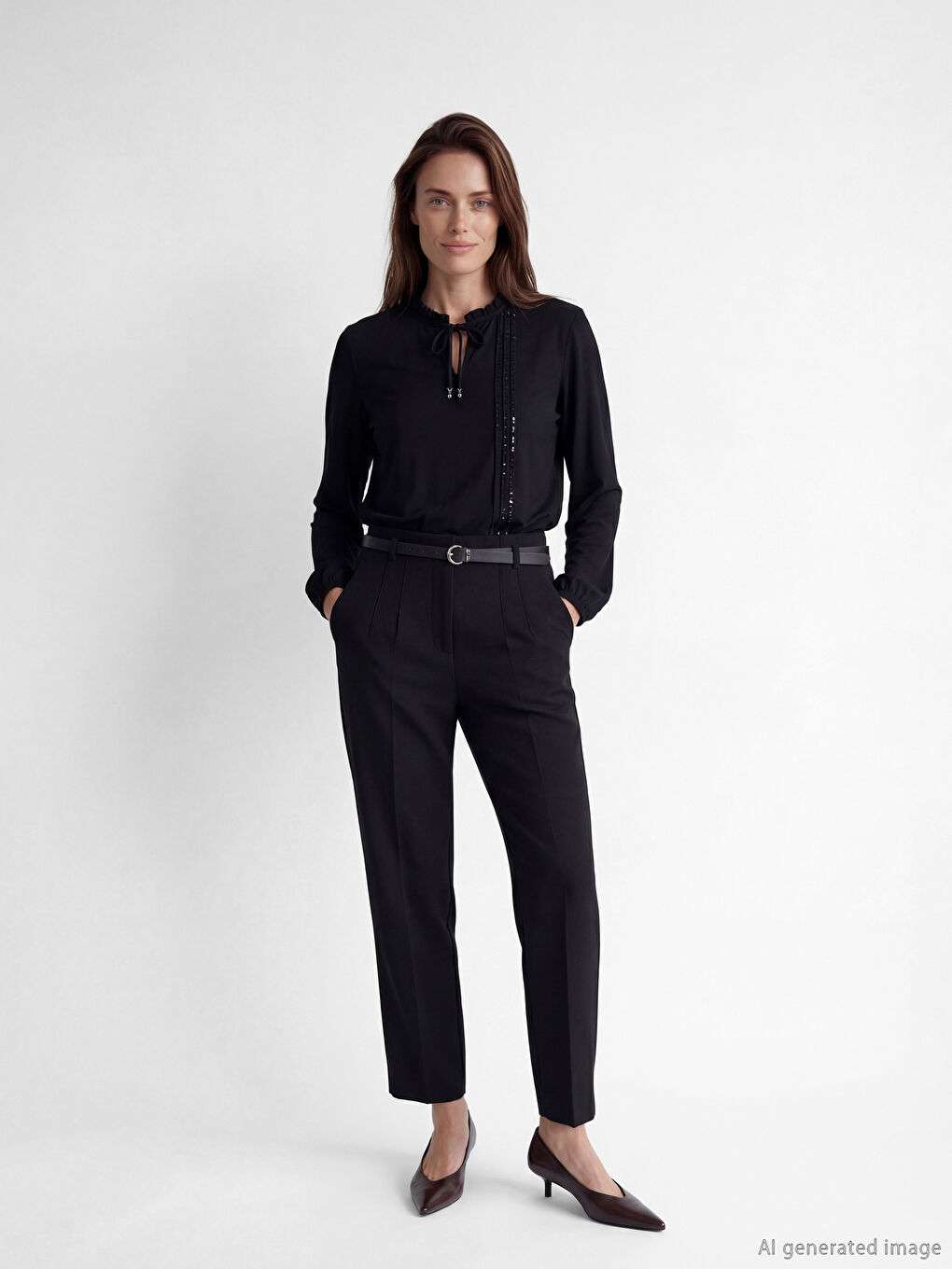 Siyah Fırfırlı Bağlamalı Yaka Taşlı Bluz-1