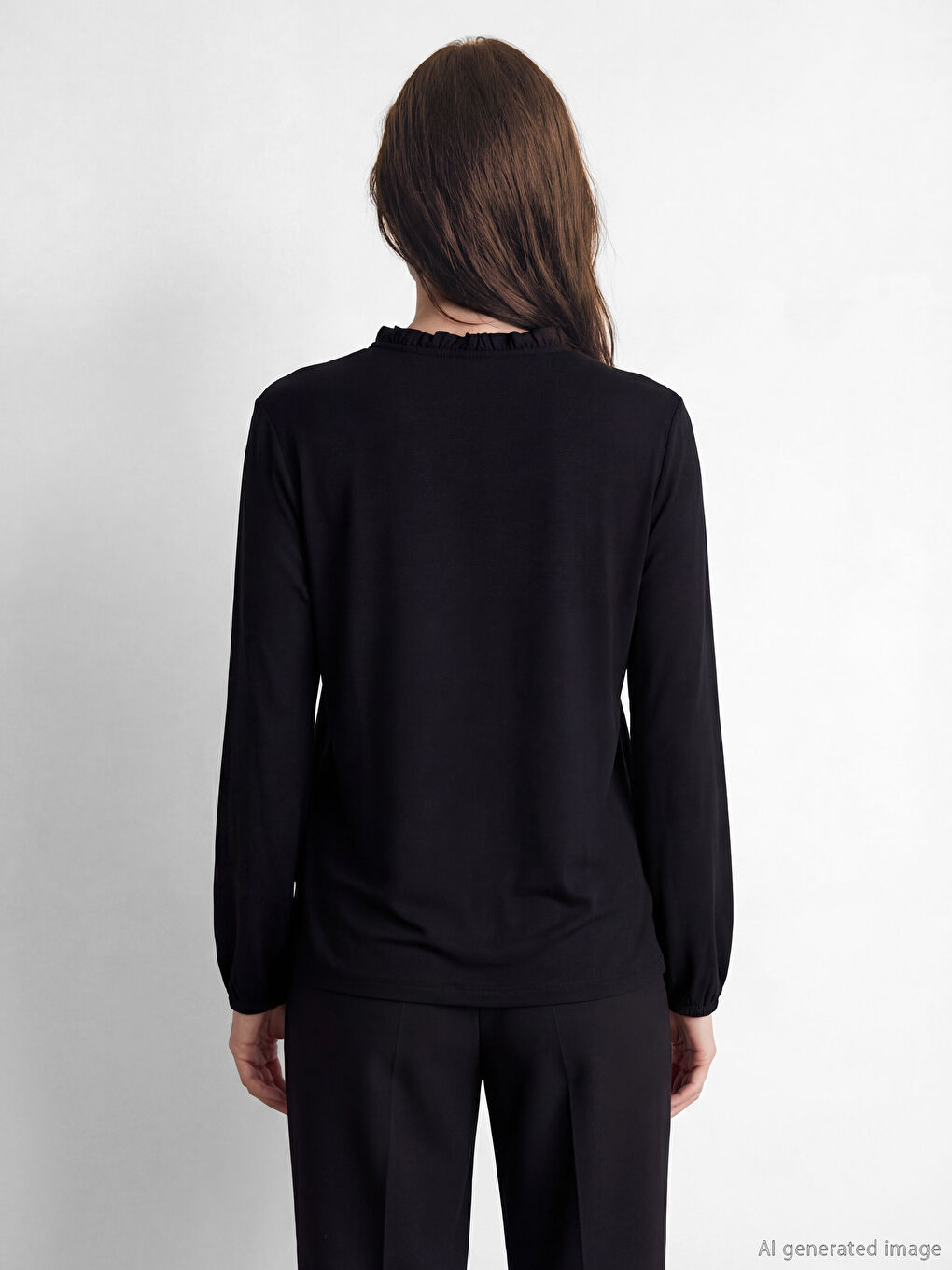 Siyah Fırfırlı Bağlamalı Yaka Taşlı Bluz-2