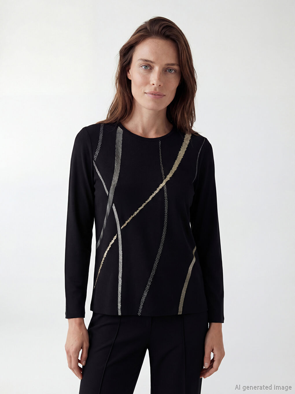 Siyah Bisiklet Yaka Desenli Bluz