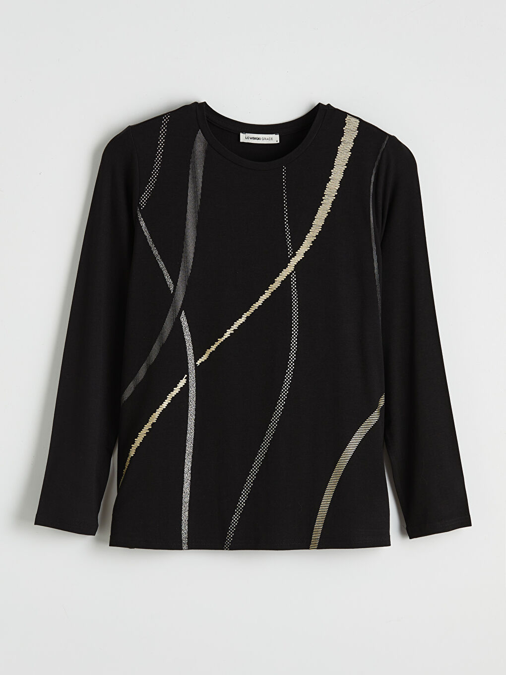 Siyah Bisiklet Yaka Desenli Bluz