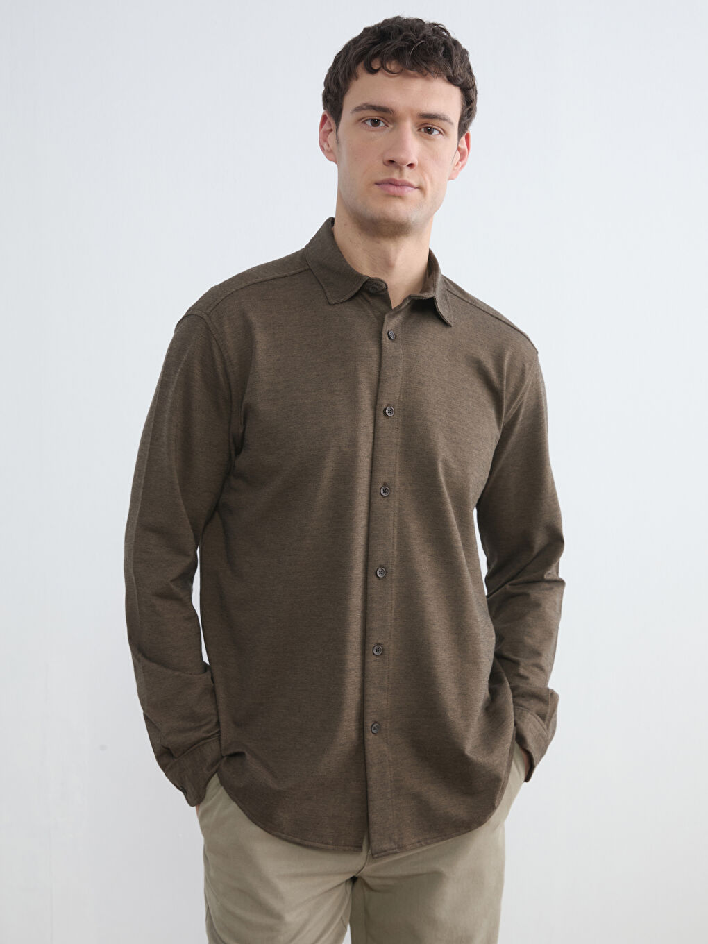 Kahverengi Regular Fit Erkek Dokulu Gömlek-2