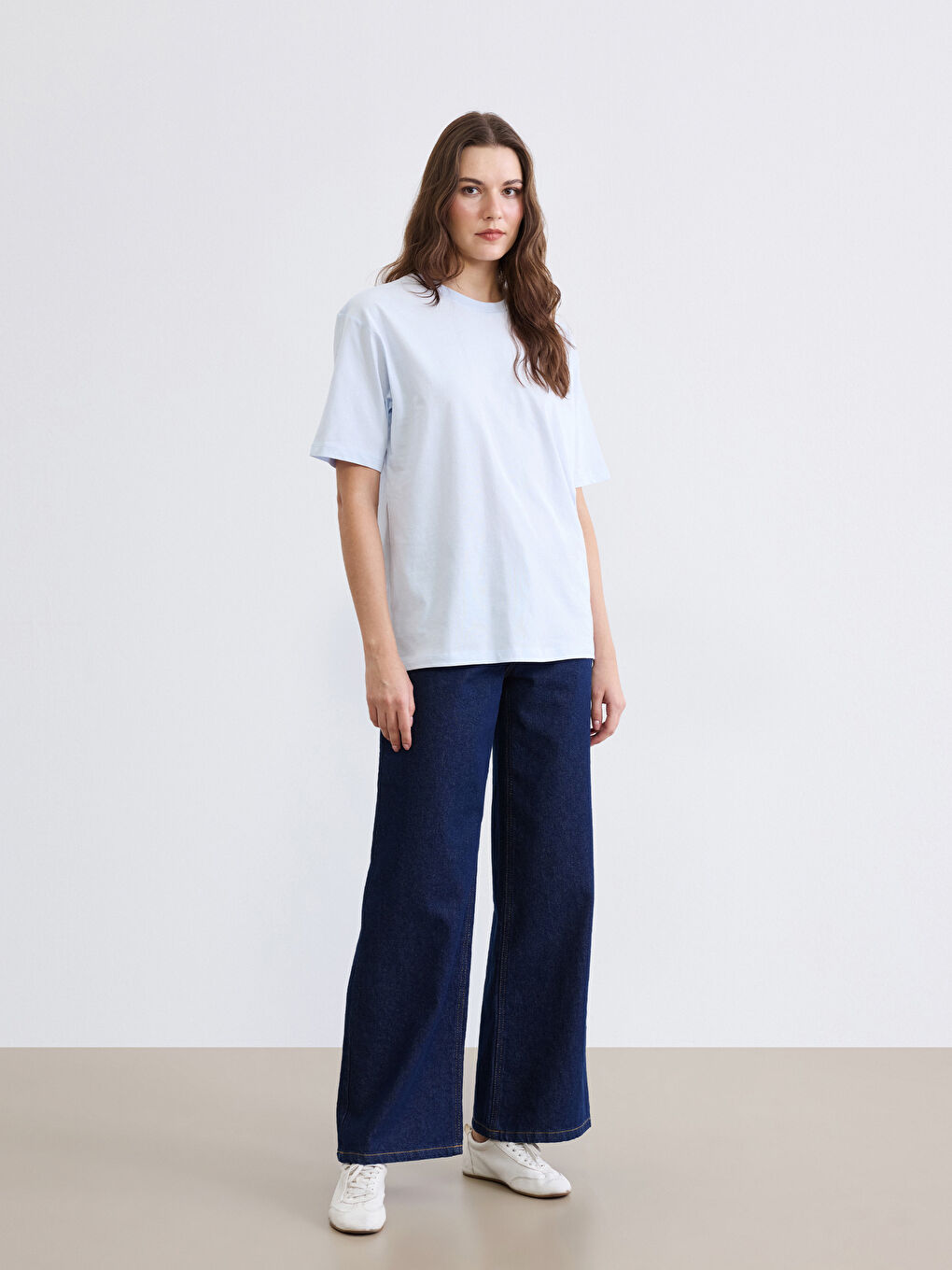 Lila Bisiklet Yaka Oversize Kadın Tişört-1