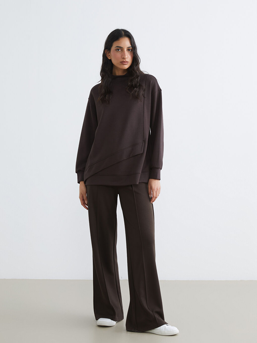 Kahverengi Beli Lastikli Geniş Paça Kadın Eşofman Altı	