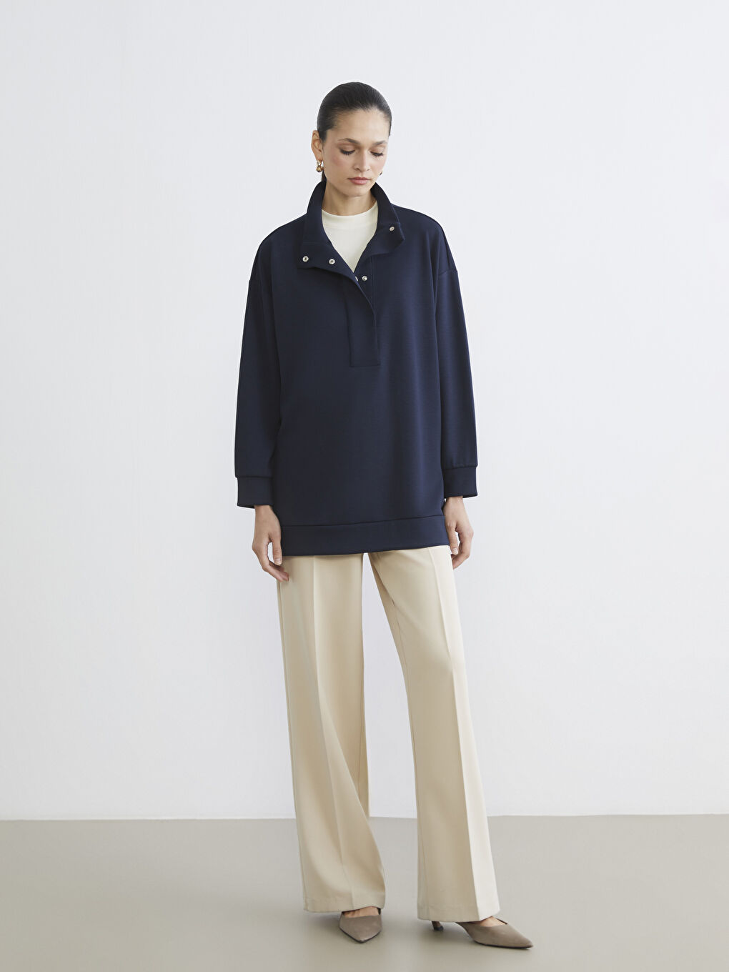 Lacivert Soft Touch Oversize Kadın Sweatshirt Tunik-1