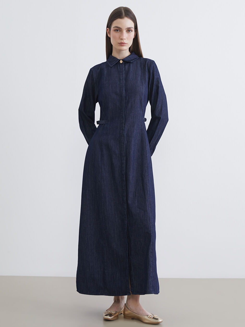 İndigo Gömlek Yaka Kadın Jean Elbise-1