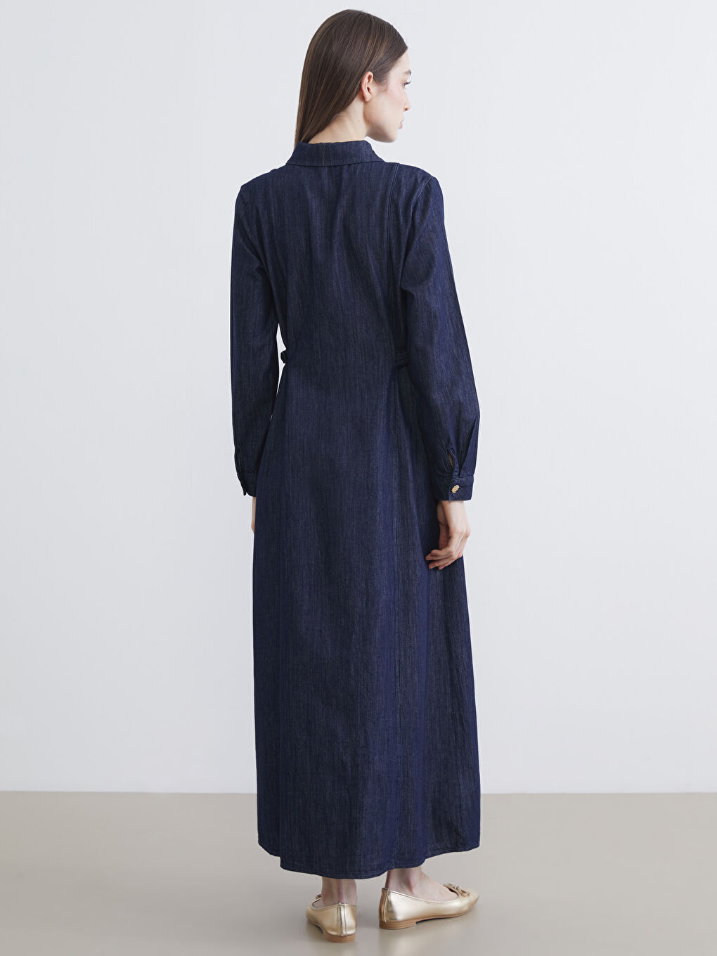 İndigo Gömlek Yaka Kadın Jean Elbise-3