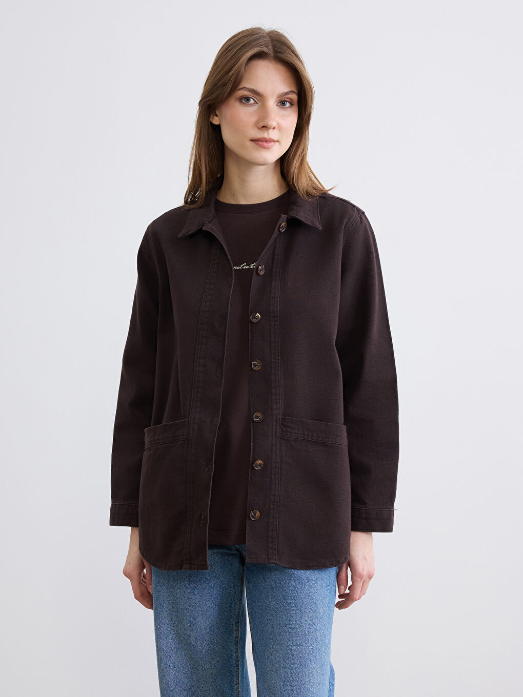 Kahverengi Gömlek Yaka Kadın Jean Ceket