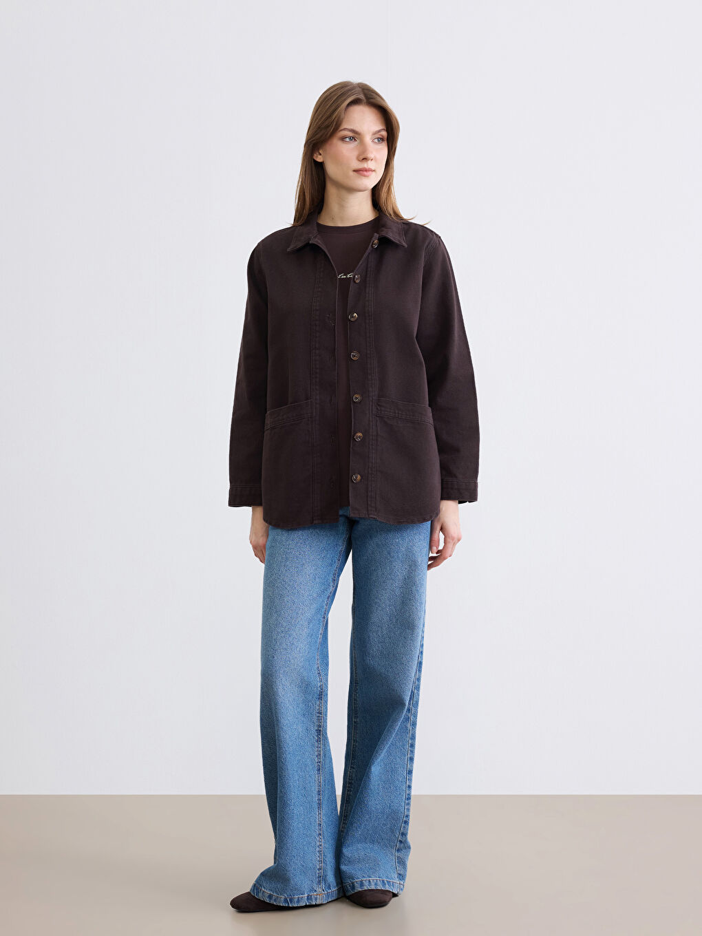 Kahverengi Gömlek Yaka Kadın Jean Ceket-1
