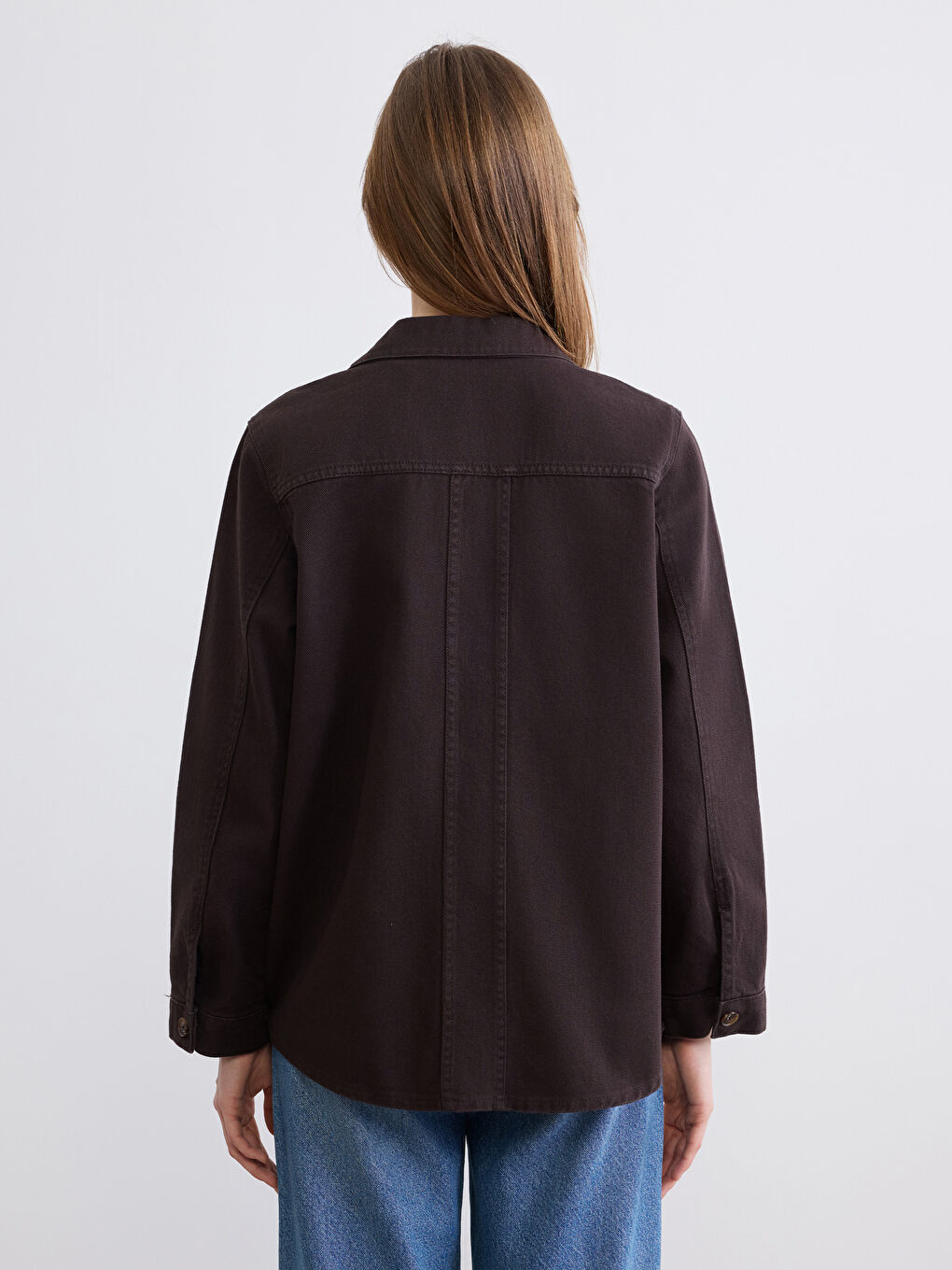 Kahverengi Gömlek Yaka Kadın Jean Ceket-3