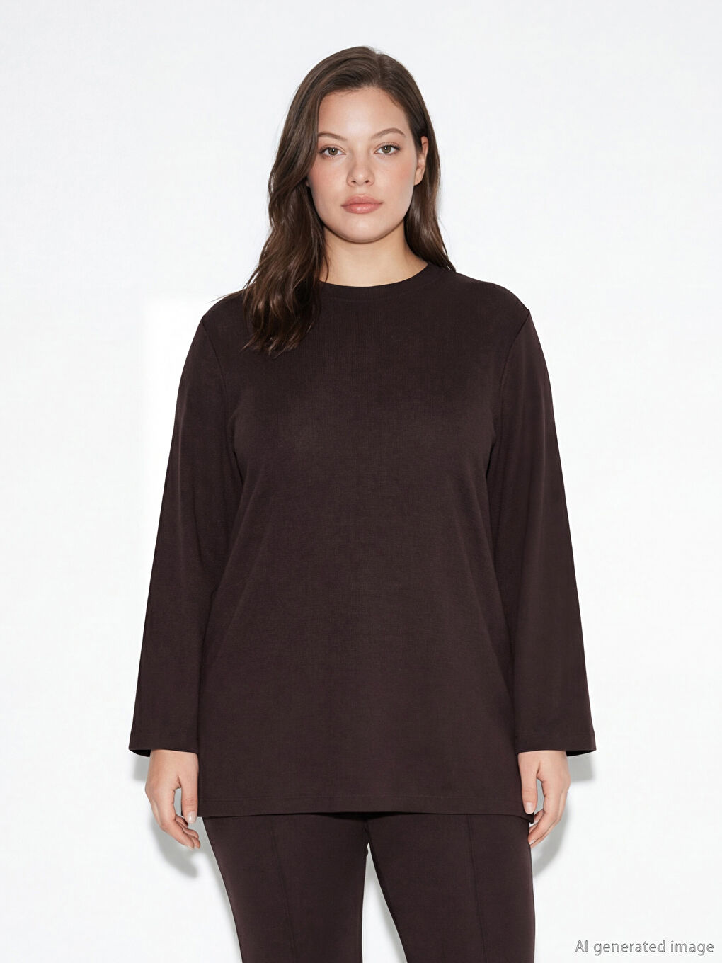 Kahverengi Soft Touch Oversize Kadın Sweatshirt Tunik-1