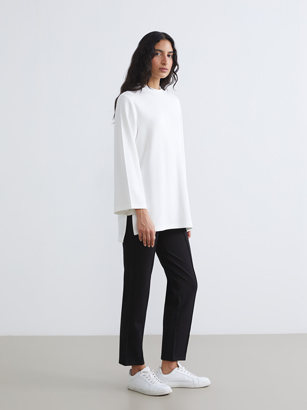 Ekru Soft Touch Oversize Kadın Sweatshirt Tunik-1