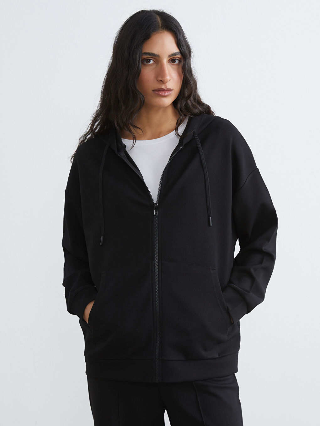 Siyah Oversize Soft Touch Kadın Fermuarlı Sweatshirt