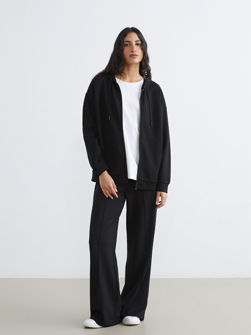 Siyah Oversize Soft Touch Kadın Fermuarlı Sweatshirt-1