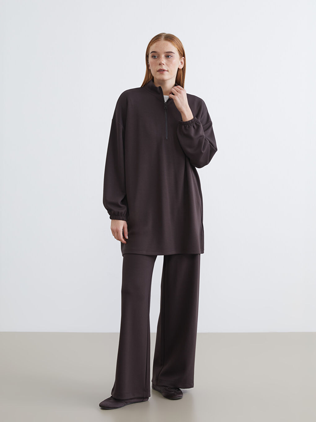 Kahverengi Soft Touch Oversize Kadın Sweatshirt Tunik-1