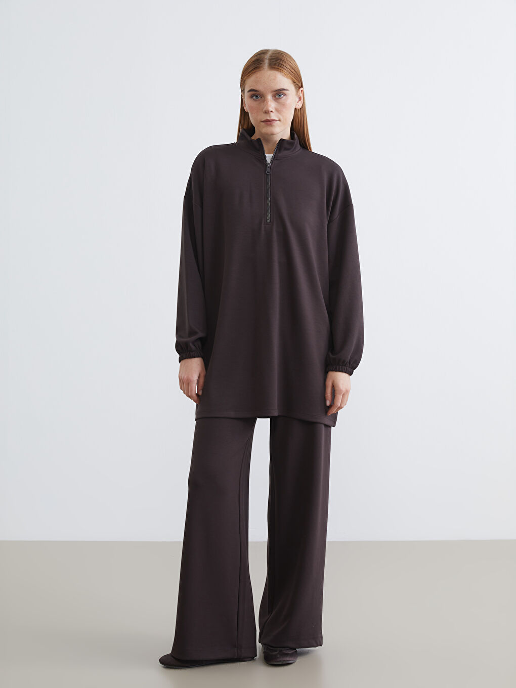 Kahverengi Beli Lastikli Geniş Paça Kadın Eşofman Altı	