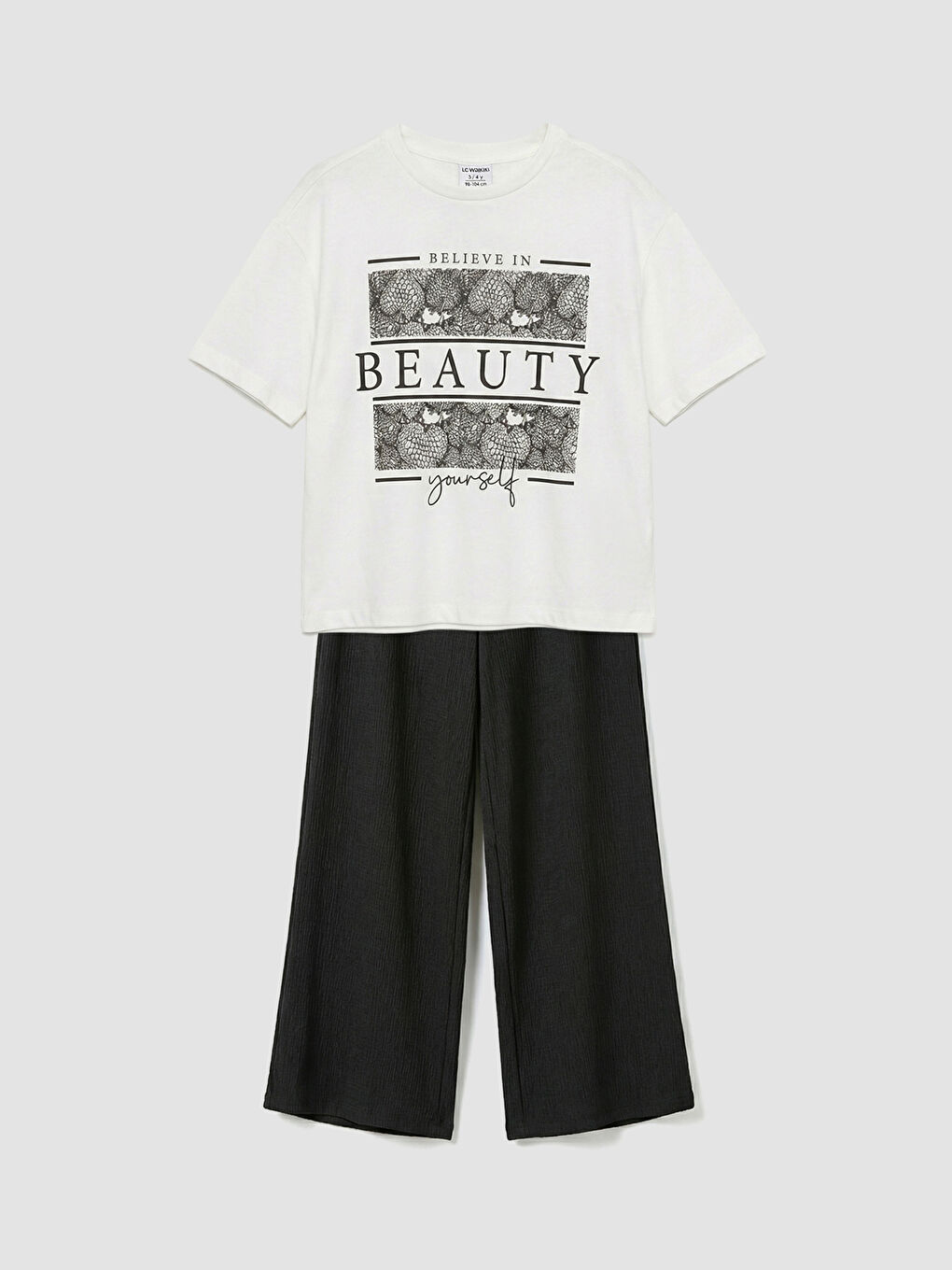 Siyah Bisiklet Yaka Baskılı Kız Çocuk Tişört ve Pantolon