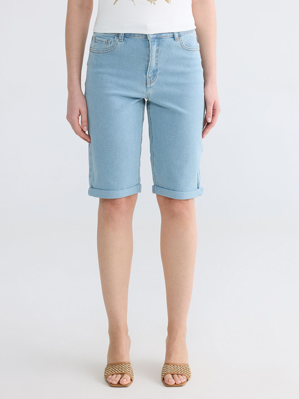 İndigo Yüksek Bel Slim Fit Kadın Jean Şort-1