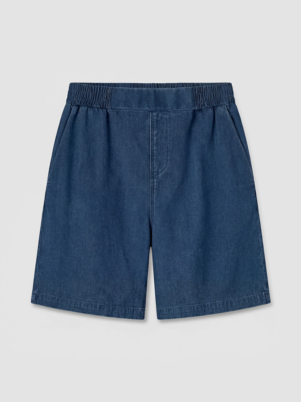 İndigo Beli Lastikli Keten Karışımlı Kadın Jean Şort-4