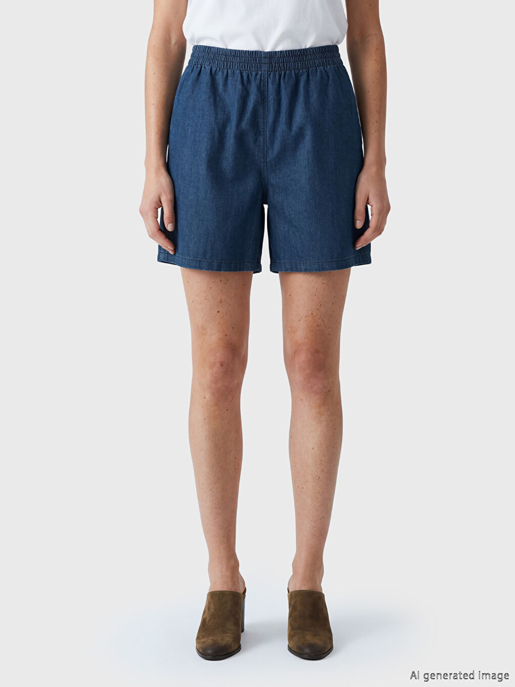 İndigo Beli Lastikli Keten Karışımlı Kadın Jean Şort-1