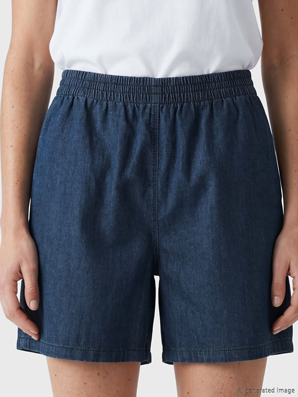 İndigo Beli Lastikli Keten Karışımlı Kadın Jean Şort-2