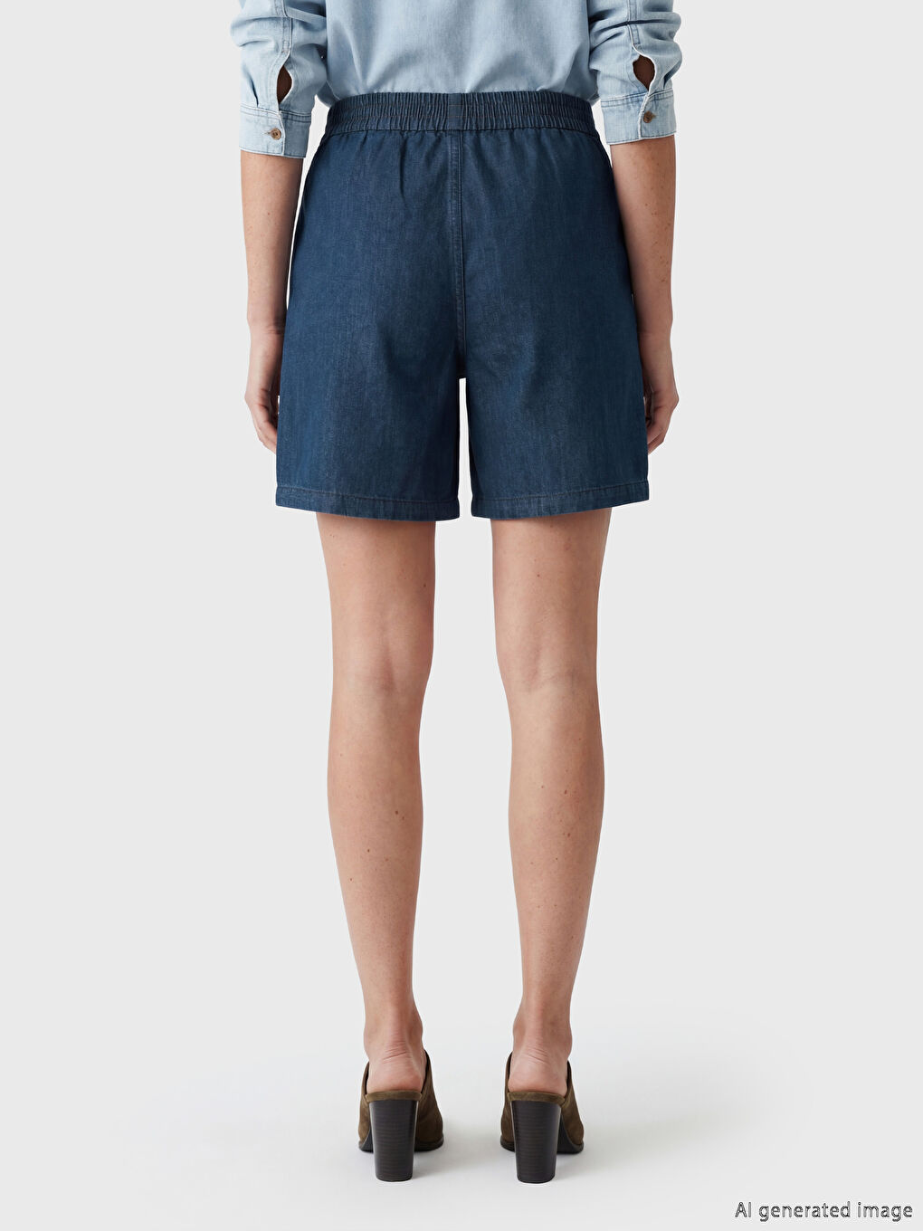 İndigo Beli Lastikli Keten Karışımlı Kadın Jean Şort-3
