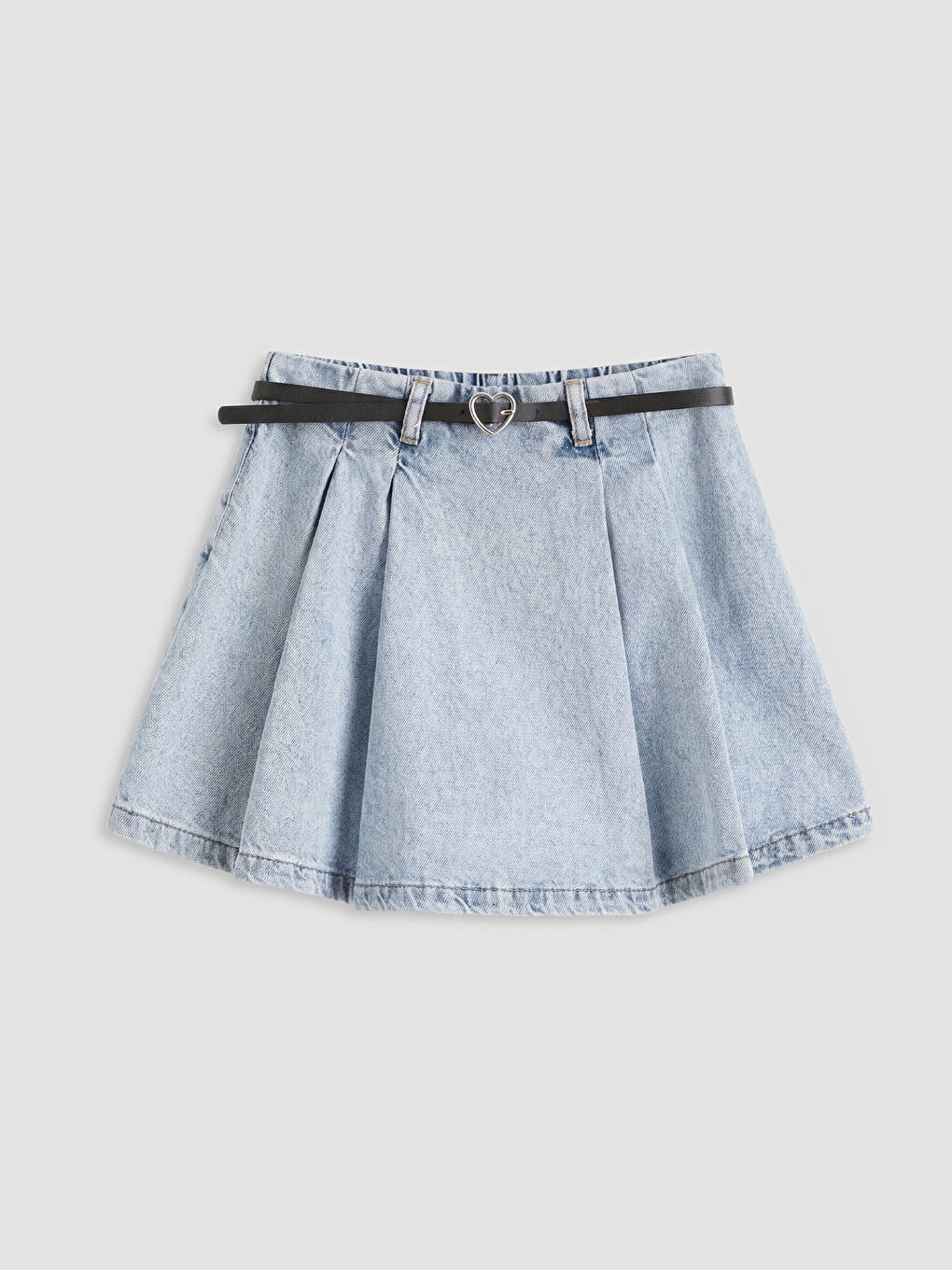 Mavi Kemerli Kız Çocuk Pileli Jean Şort Etek