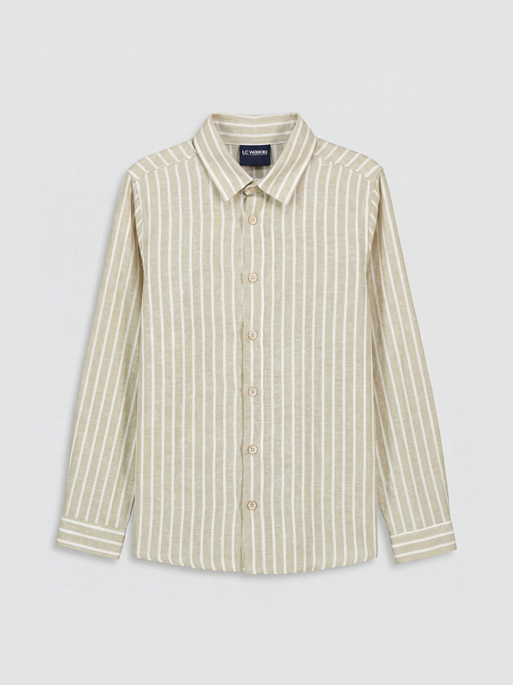 Haki Çizgili Keten Karışımlı Erkek Çocuk Gömlek