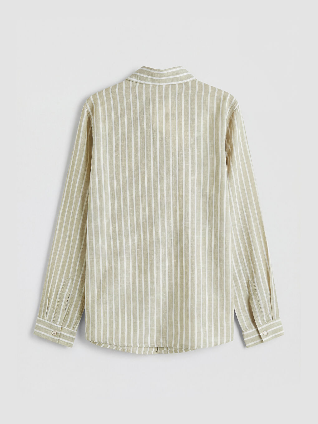 Haki Çizgili Keten Karışımlı Erkek Çocuk Gömlek-1