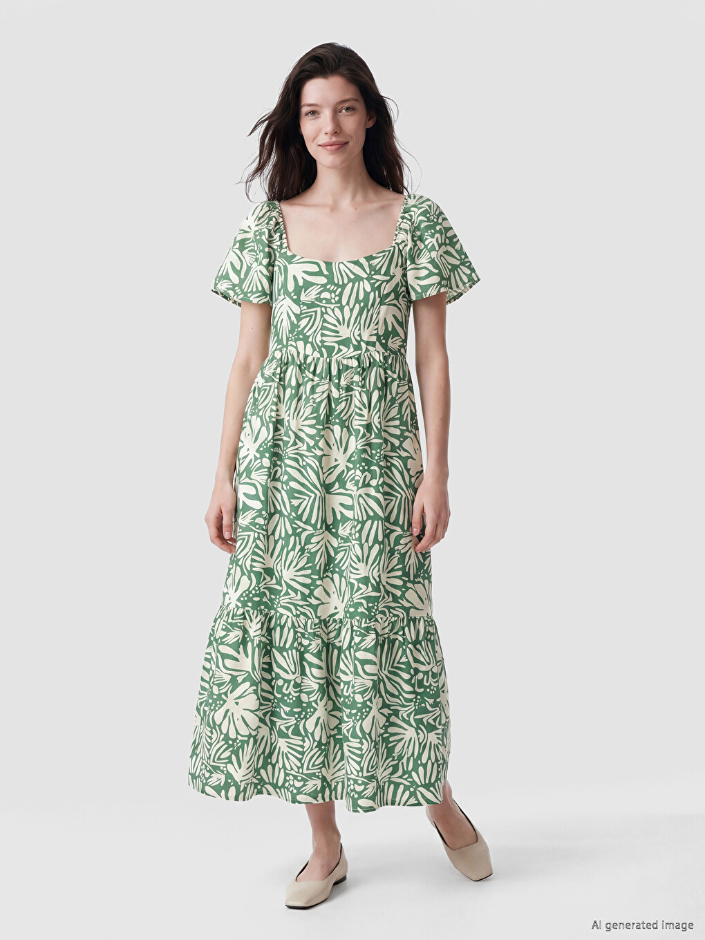 Rochie cu Guler Pătrat cu Model și Talie Ajustată