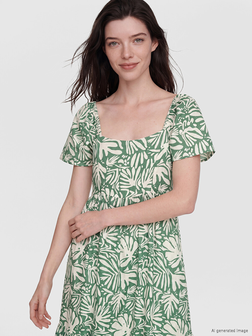 Rochie cu Guler Pătrat cu Model și Talie Ajustată-1