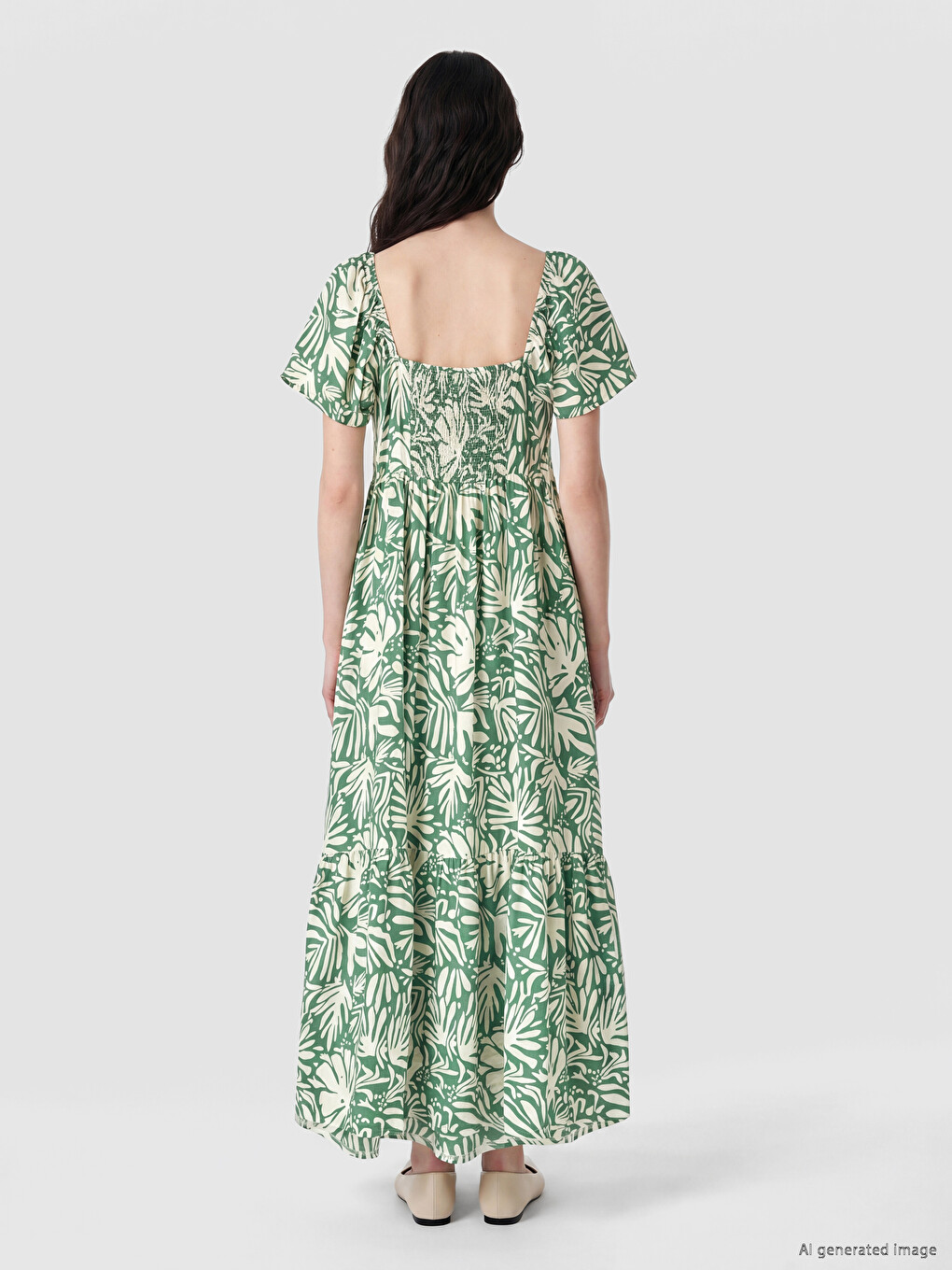 Rochie cu Guler Pătrat cu Model și Talie Ajustată-3