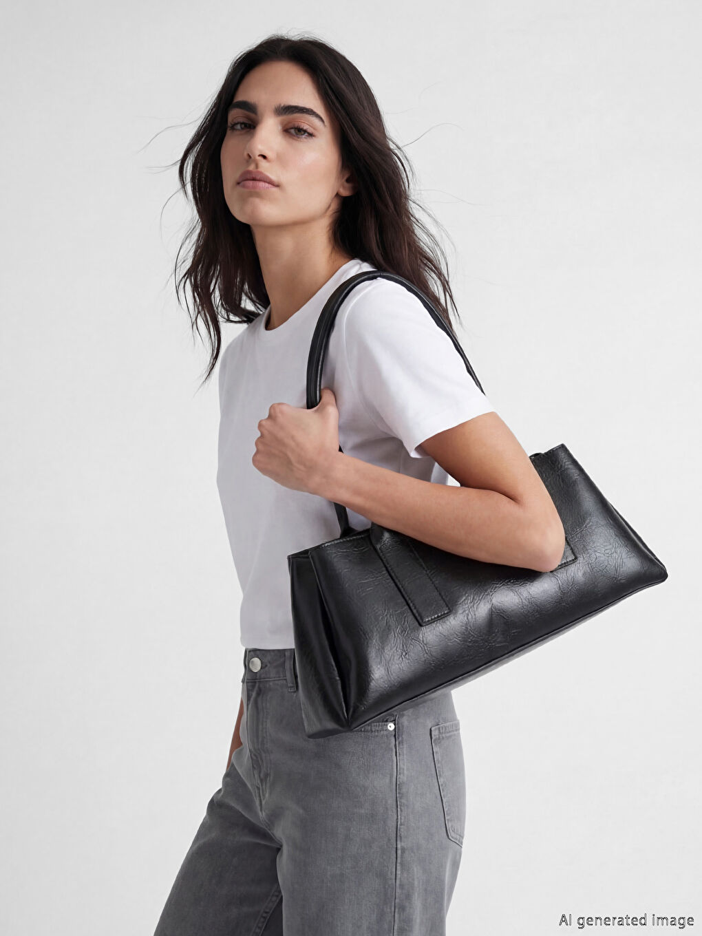 Siyah Deri Görünümlü Kadın Omuz Çantası