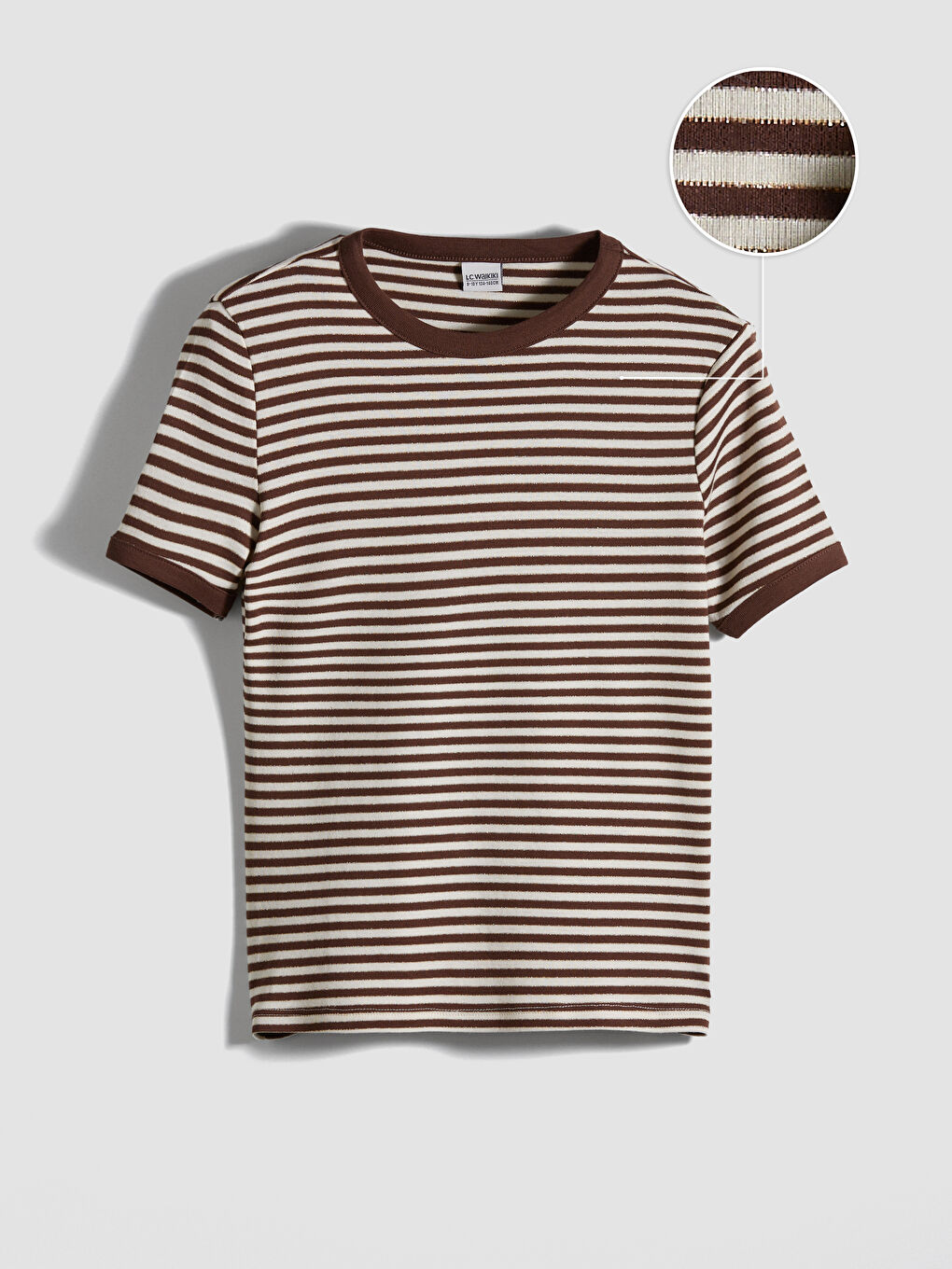 Kahverengi Bisiklet Yaka Simli Çizgili Kız Çocuk Tişört-1