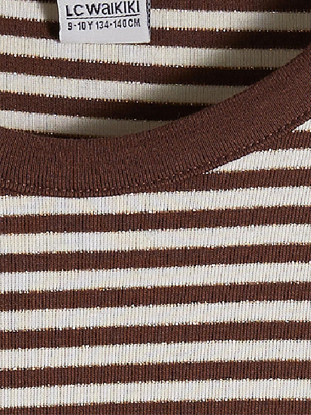 Kahverengi Bisiklet Yaka Simli Çizgili Kız Çocuk Tişört-3