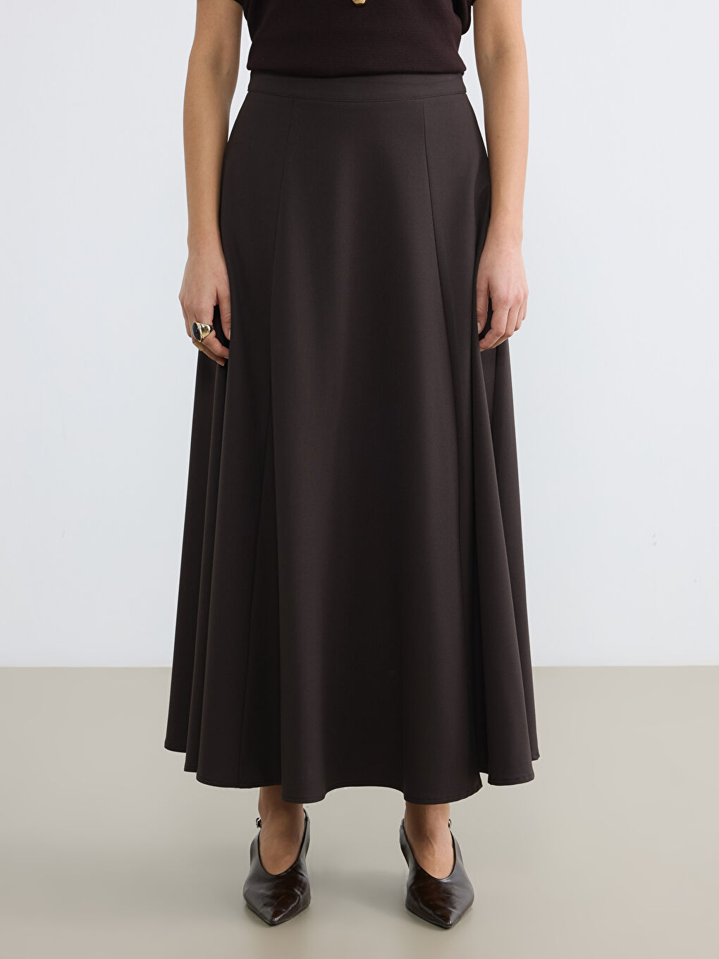 Kahverengi Beli Fermuarlı Kloş Etek	-1