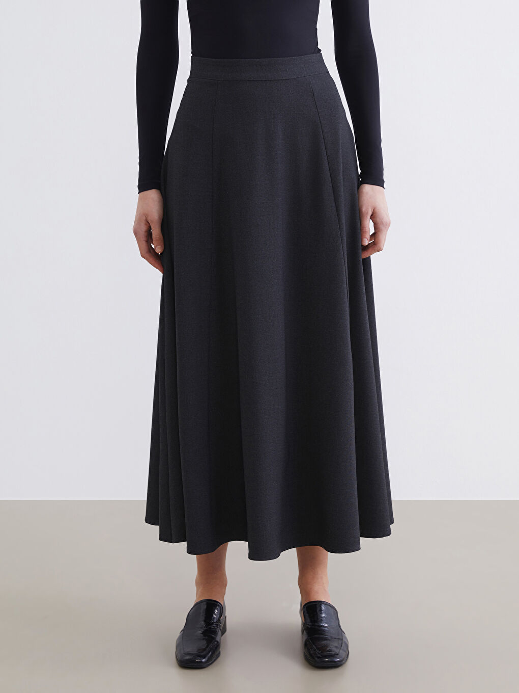 Gri Beli Fermuarlı Kloş Etek-1