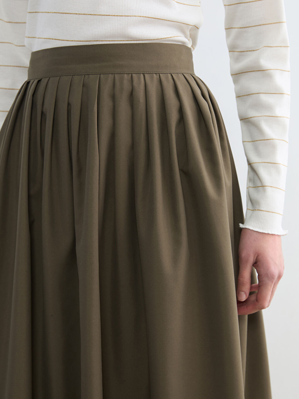 Haki Beli Fermuarlı Pileli Etek	-2