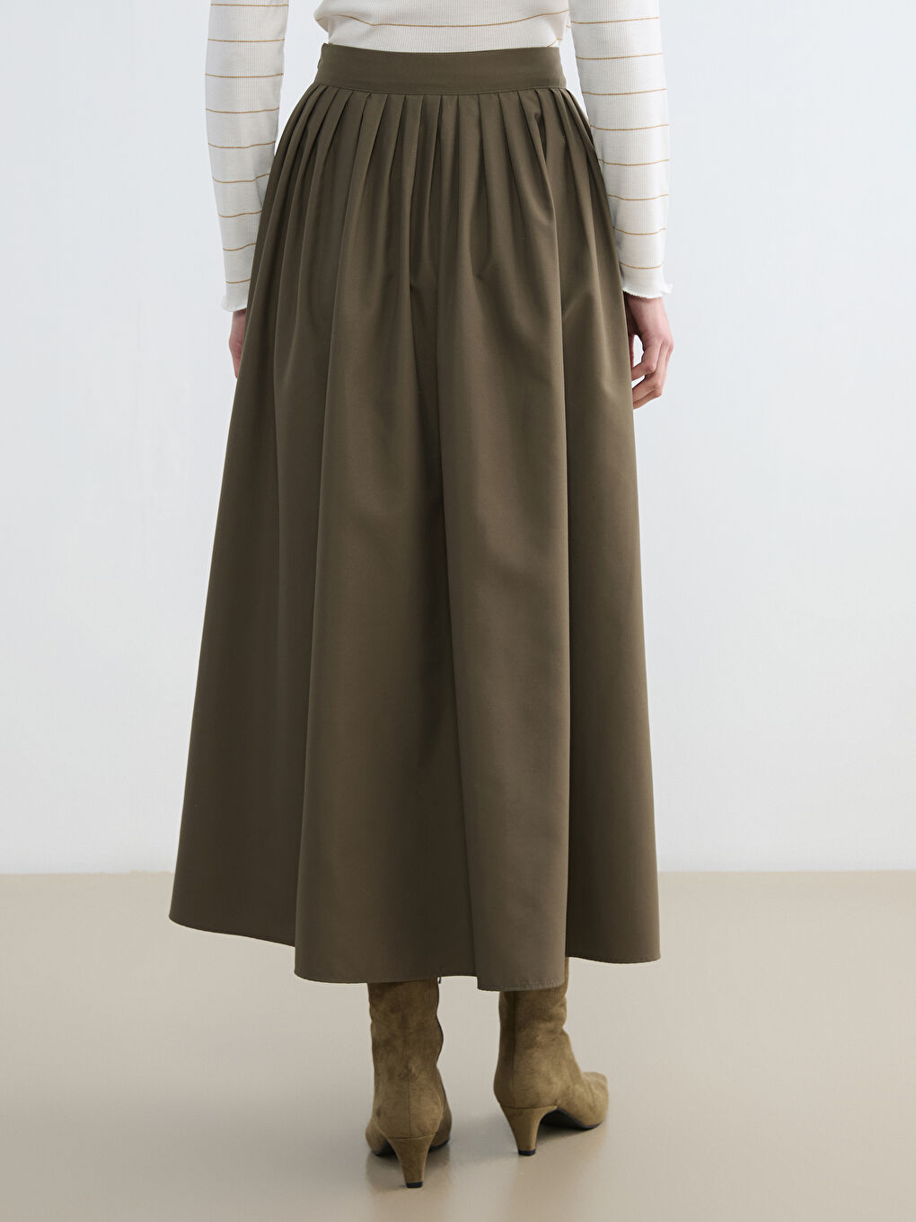 Haki Beli Fermuarlı Pileli Etek	-3