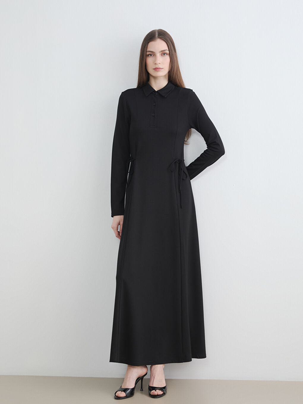 Siyah Gömlek Yaka Belden Oturtmalı Elbise
