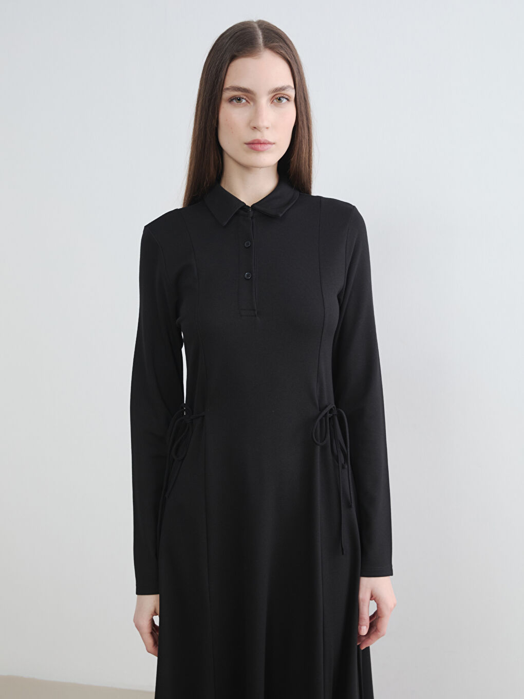 Siyah Gömlek Yaka Belden Oturtmalı Elbise-1
