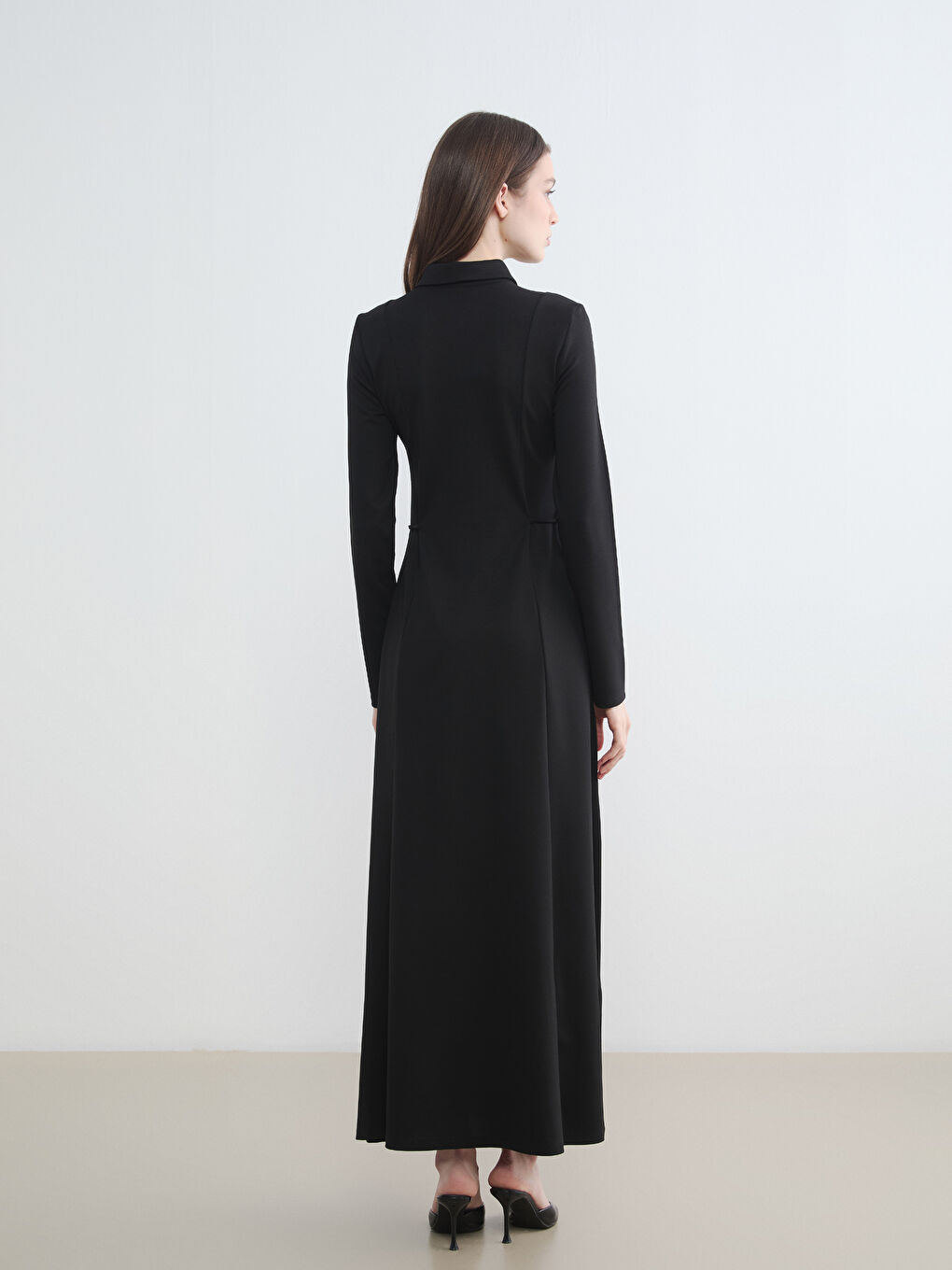 Siyah Gömlek Yaka Belden Oturtmalı Elbise-3