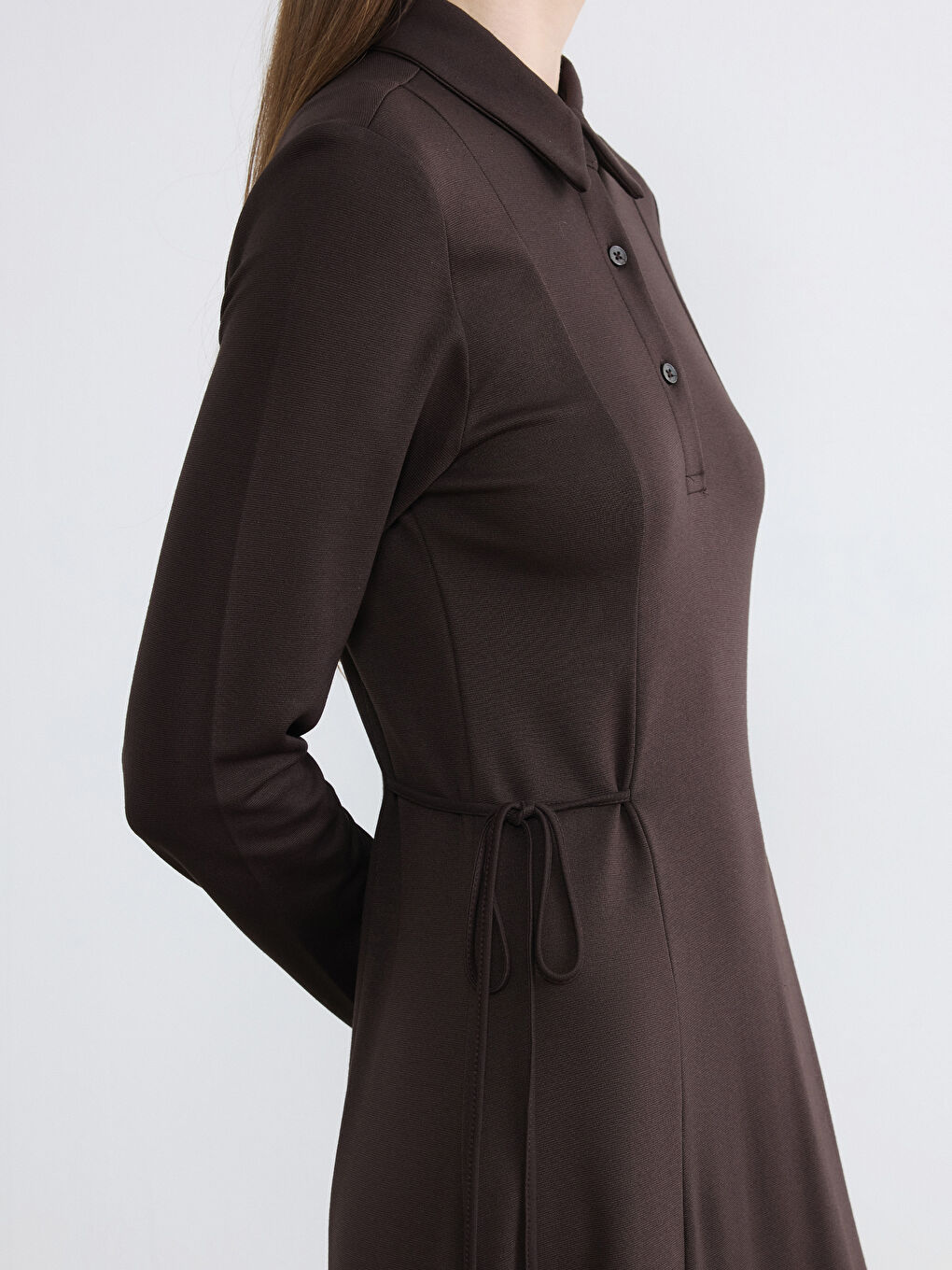 Kahverengi Gömlek Yaka Belden Oturtmalı Elbise-2