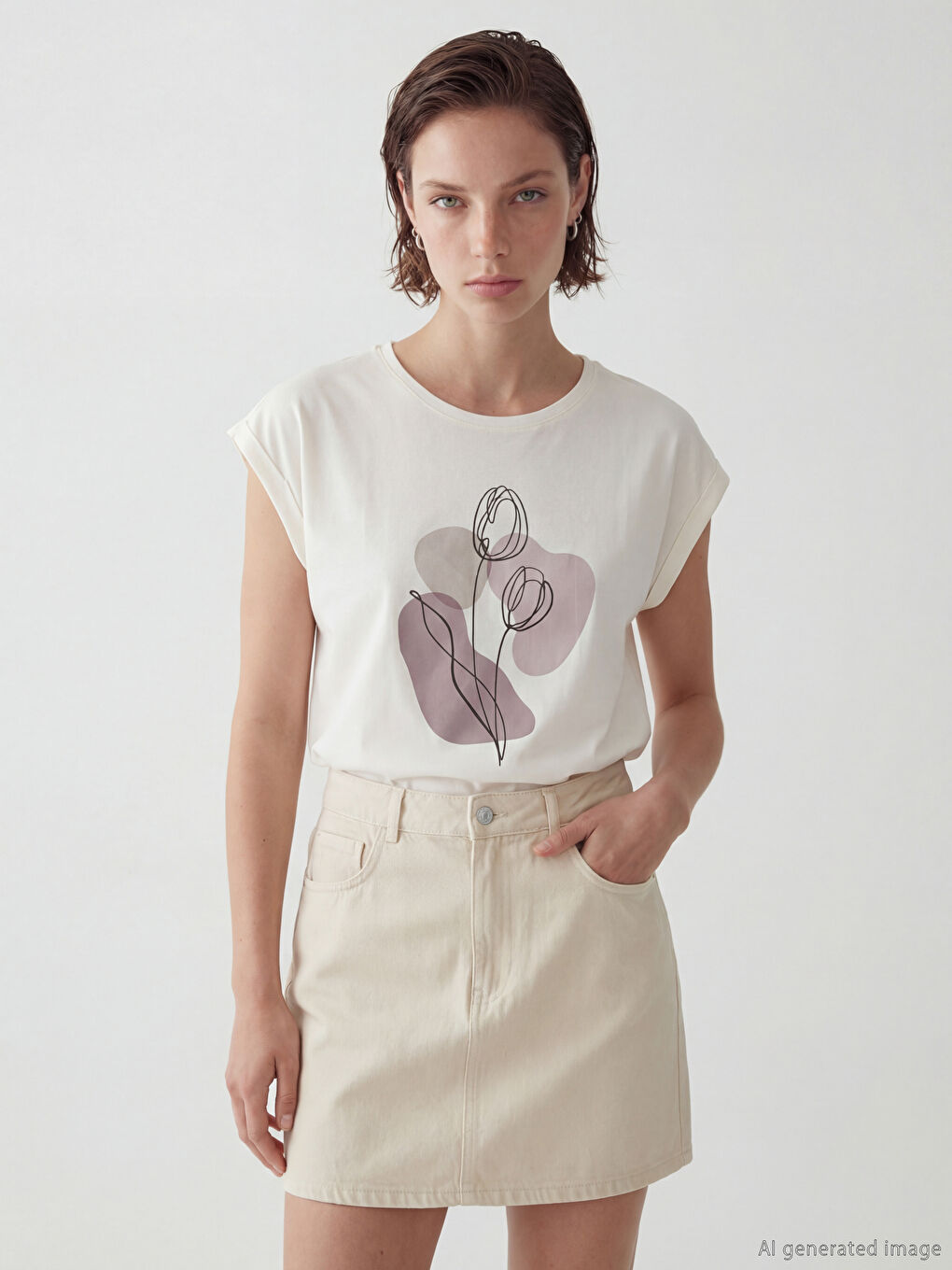 Ekru Bisiklet Yaka Baskılı Kadın Tişört