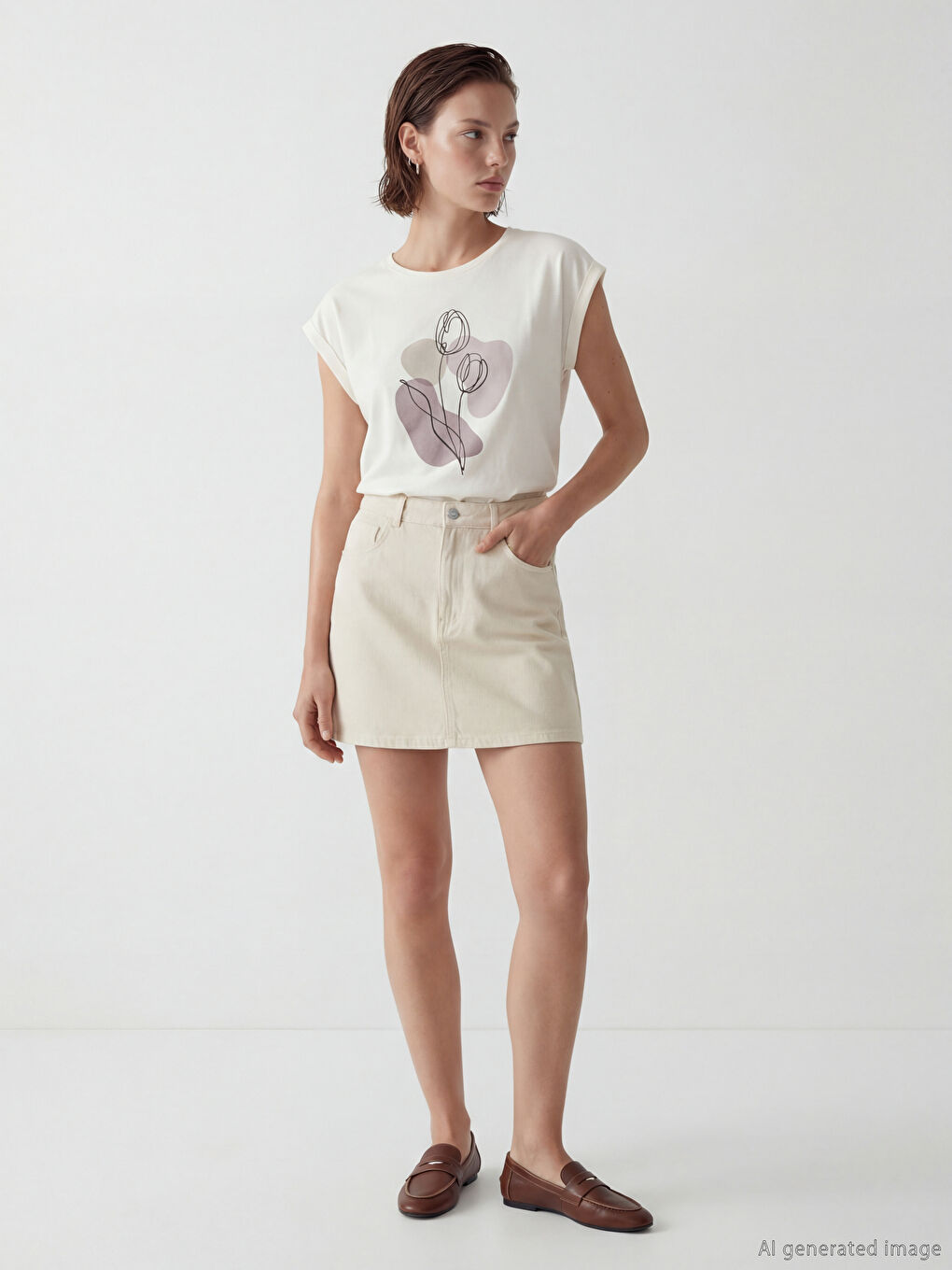 Ekru Bisiklet Yaka Baskılı Kadın Tişört-1