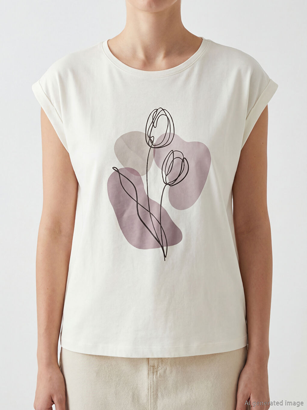 Ekru Bisiklet Yaka Baskılı Kadın Tişört-2